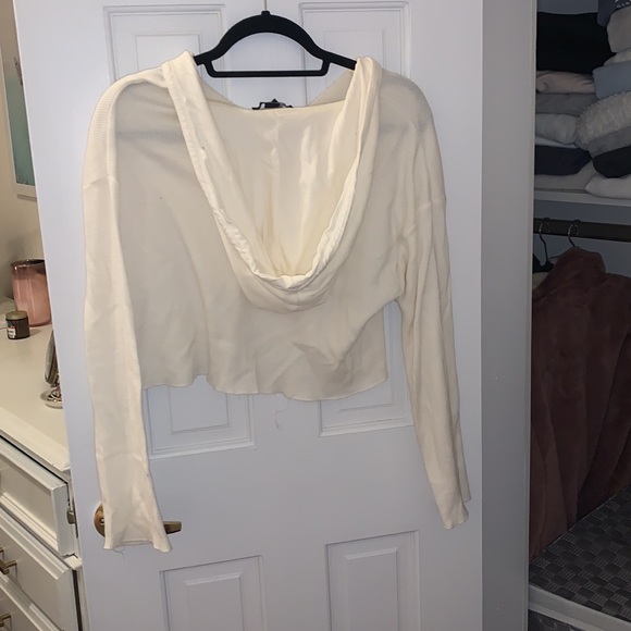 White Waffle Long Sleeve Hooded Crop Top - Picture 2 of 4